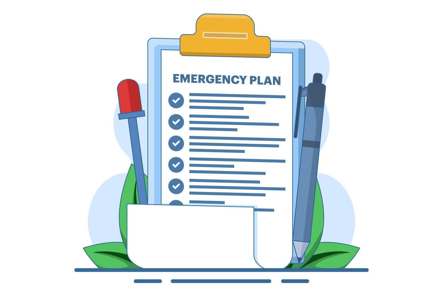 Business emergency plan concept or disaster checklist, business continuity and resilience building, pencil with flashing emergency plan paper. flat illustration on background. vector