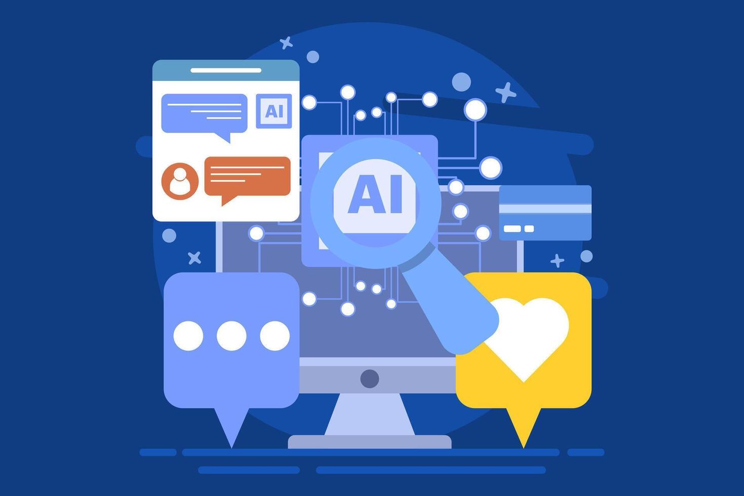 AI chat bot concept for customer support, Online customer help desk, AI solves customer problems, AI based solutions for customers, background illustration with icons. vector