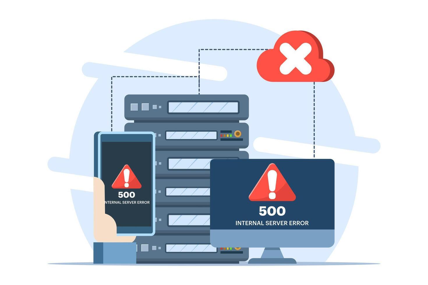 Concept 500 Internal server error, Website error, Network error, Cloud computing. Flat illustration for landing page, web design, banner, infographic. vector