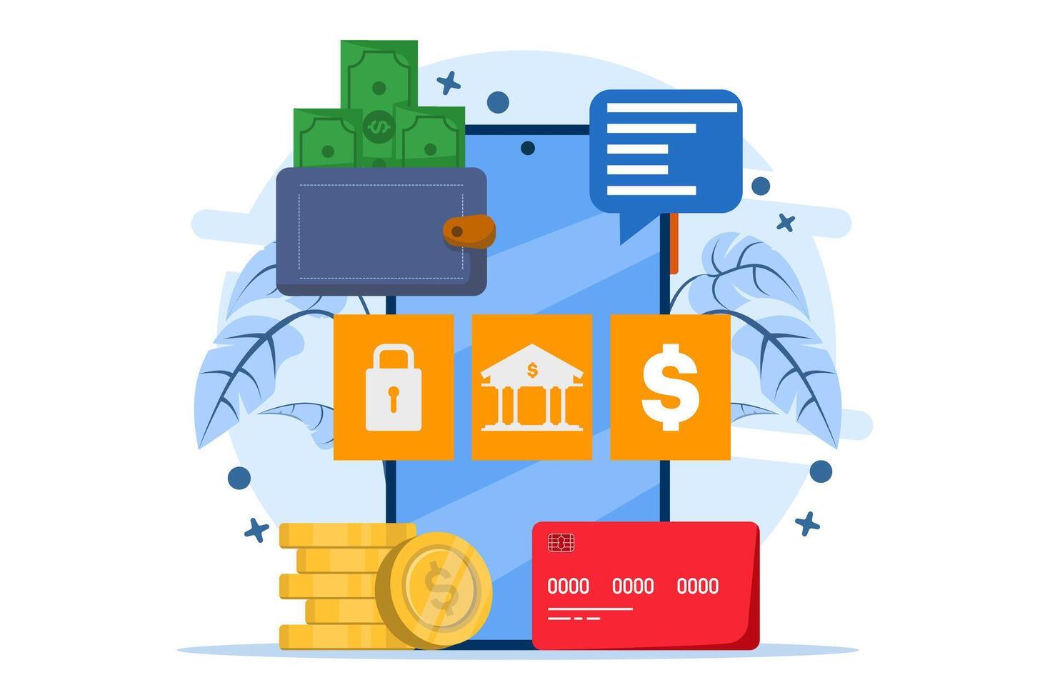 Concept of paying bills with credit card for online shopping. Payment processing, financial transactions, transfers, bank cards, e-wallets for purchasing processes, monetary currencies. vector