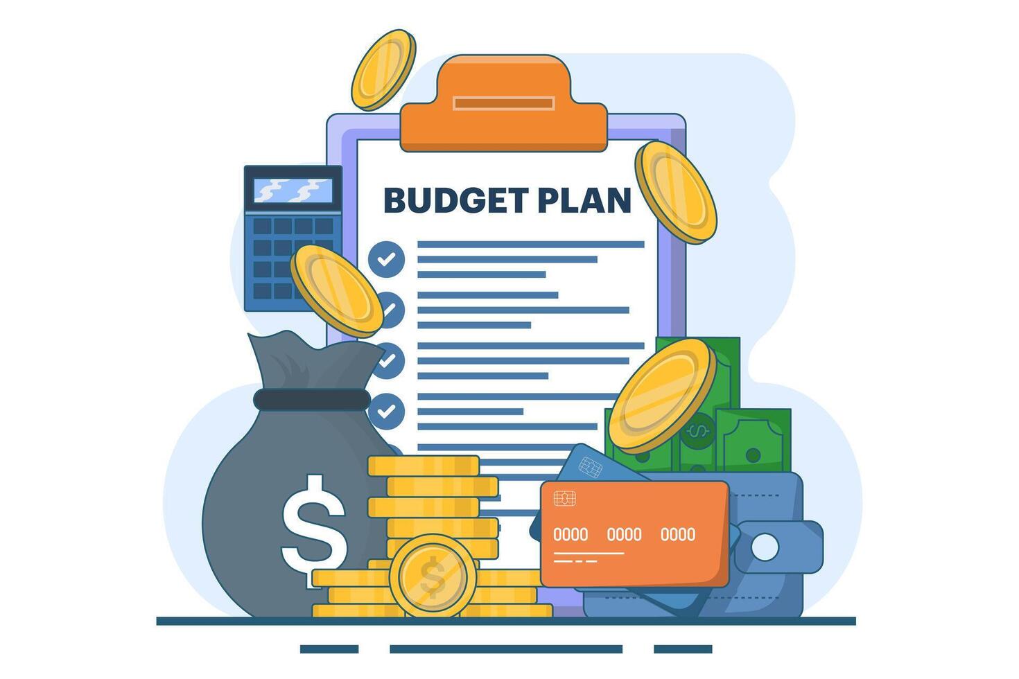 Concept of budget plan or business strategy, financial analysis, market research, investment, financial report or business analysis, market analysis, marketing, accounting. flat illustration. vector