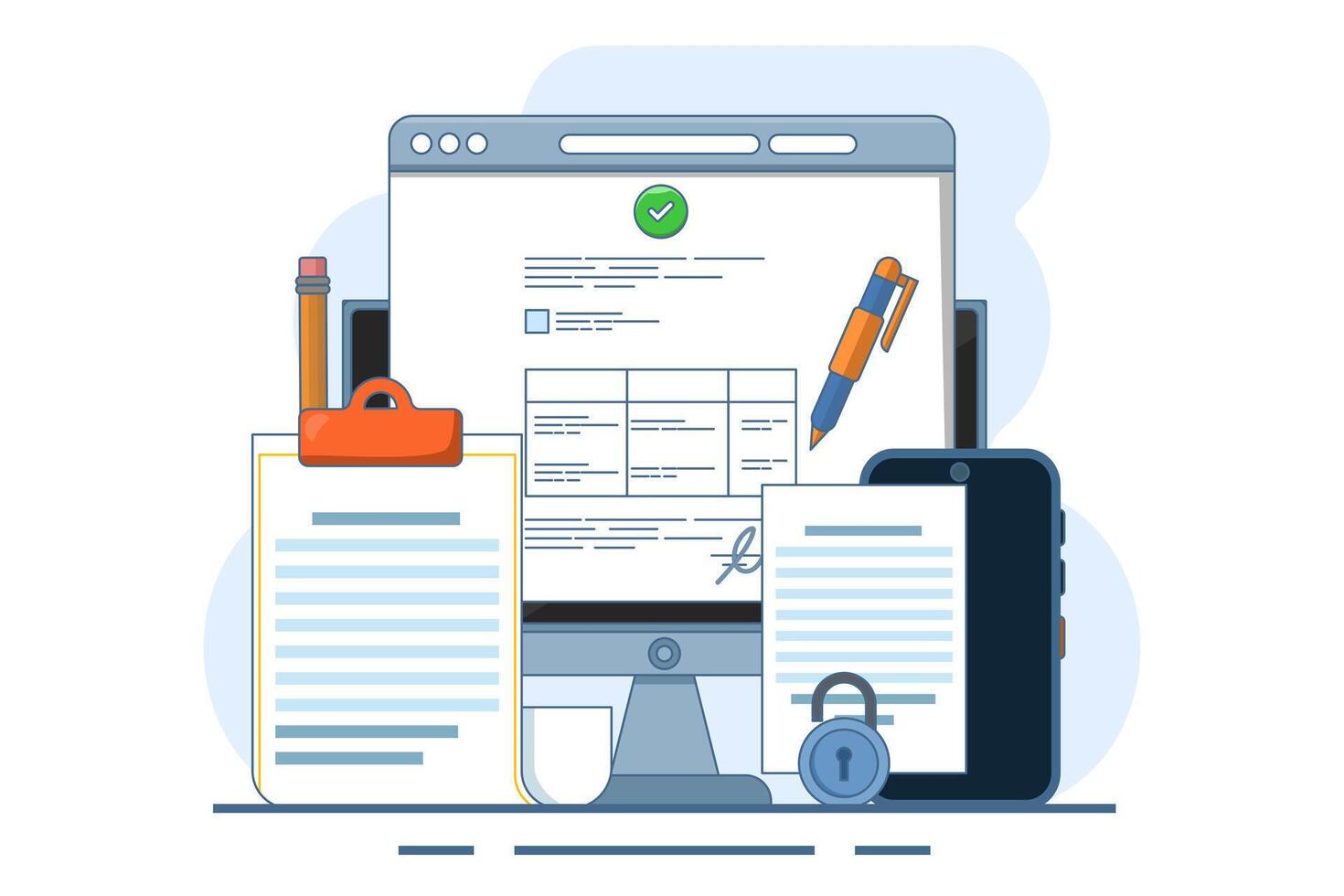 Contract Signing Concept or signing agreement. Online agreement documents. Reading and signing contract terms and conditions, signing legal documents, electronic contracts. vector