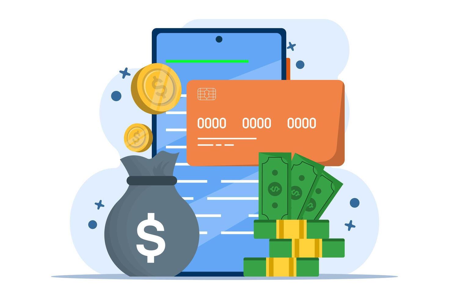 Concept of paying bills with credit card for online shopping. Payment processing, financial transactions, transfers, bank cards, e-wallets for purchasing processes, monetary currencies. vector