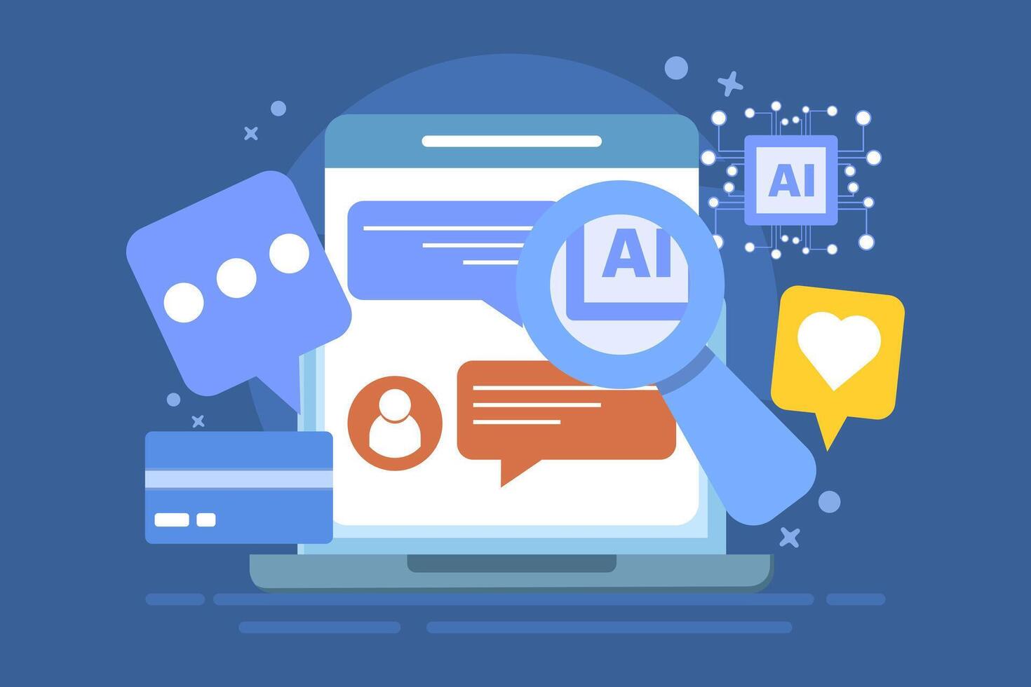 AI chat bot concept for customer support, Online customer help desk, AI solves customer problems, AI based solutions for customers, background illustration with icons. vector