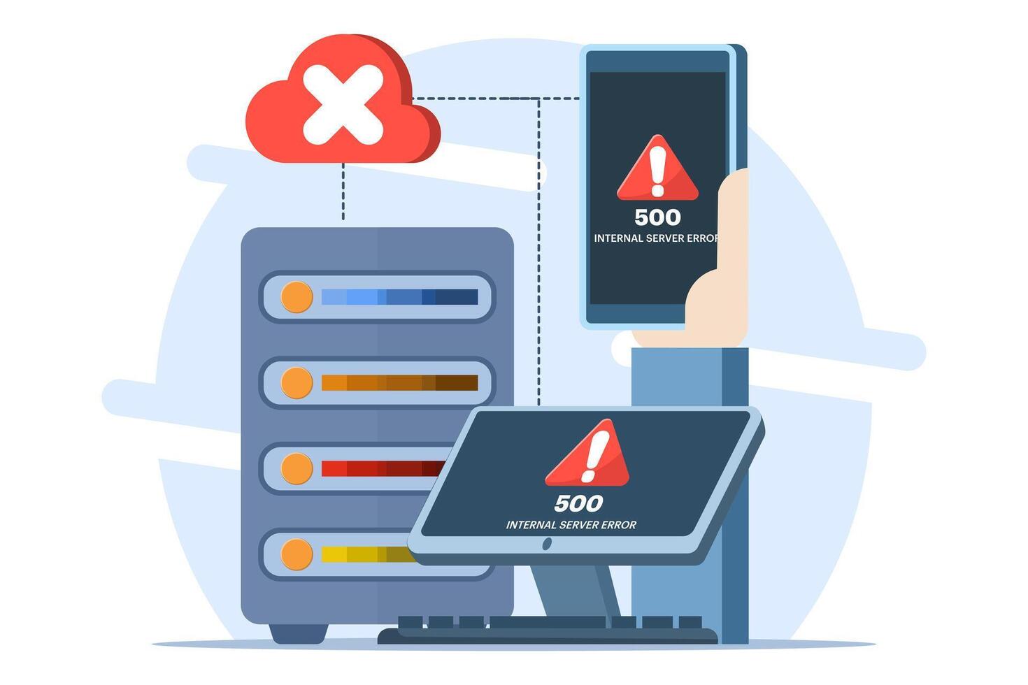Concept 500 Internal server error, Website error, Network error, Cloud computing. Flat illustration for landing page, web design, banner, infographic. vector