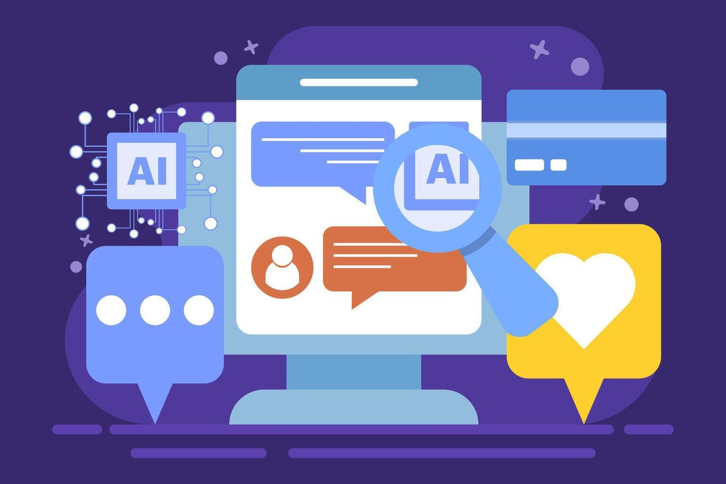 AI chat bot concept for customer support, Online customer help desk, AI solves customer problems, AI based solutions for customers, background illustration with icons. vector