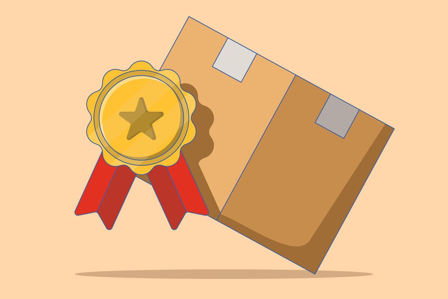 Shipping Box Concept with High Quality Badge. Product Qualification Concept Design. Premium quality product, shipping concept. Badge. Flat illustration on background. vector