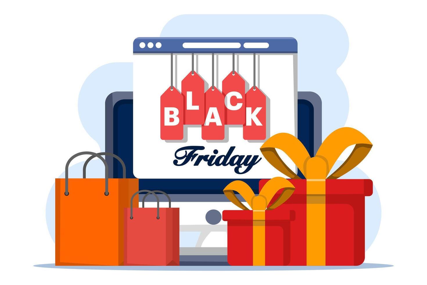 Black Friday Big Sale Concept, Online Shopping, Big Discount Promotion. Online Shopping Promotion with Cash Back and Discount, Marketing Strategy, Landing Page Flat Illustration. vector