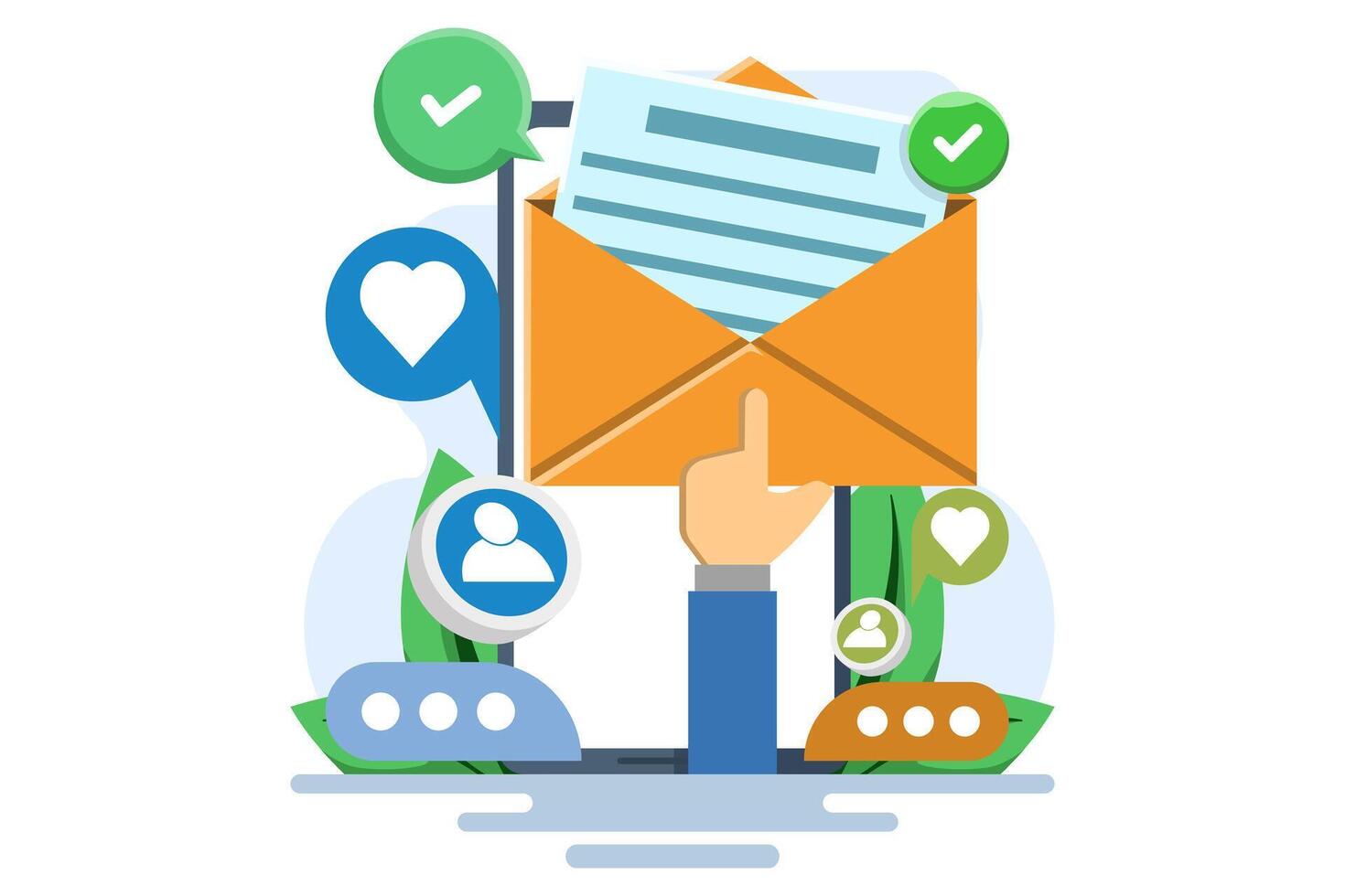 Email marketing strategy concept, Email campaign, Sending emails to potential customers, Newsletter marketing, Sharing advertising messages on social media, Internet network communication. Flat vector