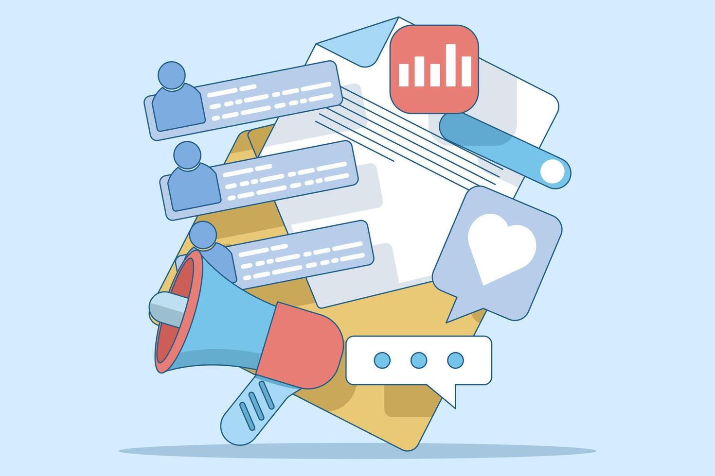concept of sending promotions to customers. email marketing campaign, Open email envelope, Email marketing campaign with newsletter, letter with online business offer. illustration. vector