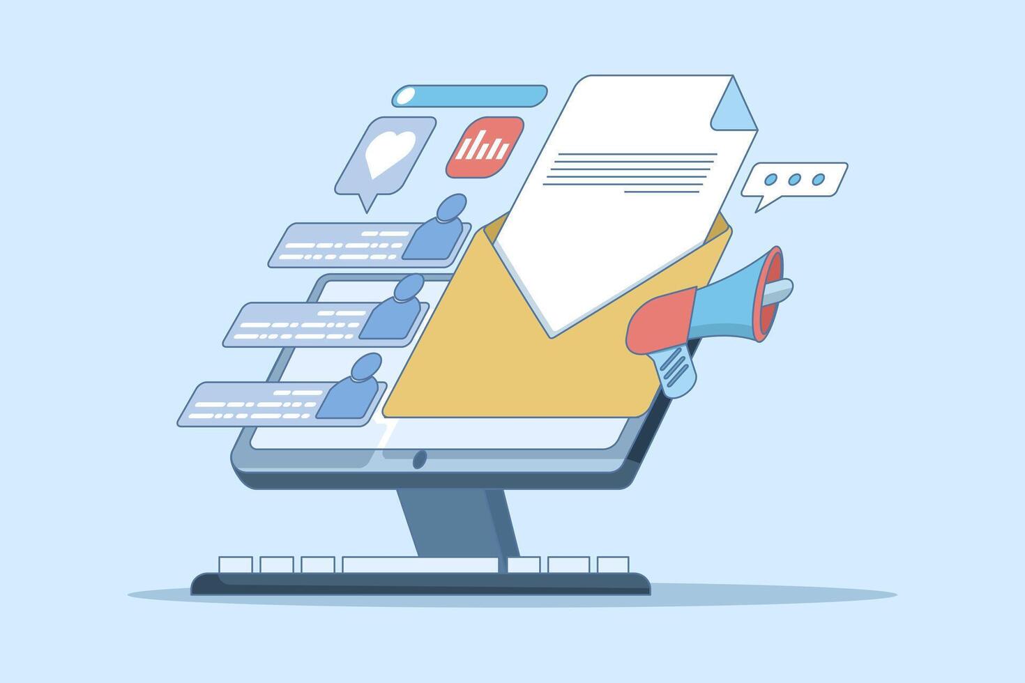concept of sending promotional letters to customers. Email marketing campaigns with newsletters, letters containing online business offers, email marketing campaigns, opened email envelopes. vector
