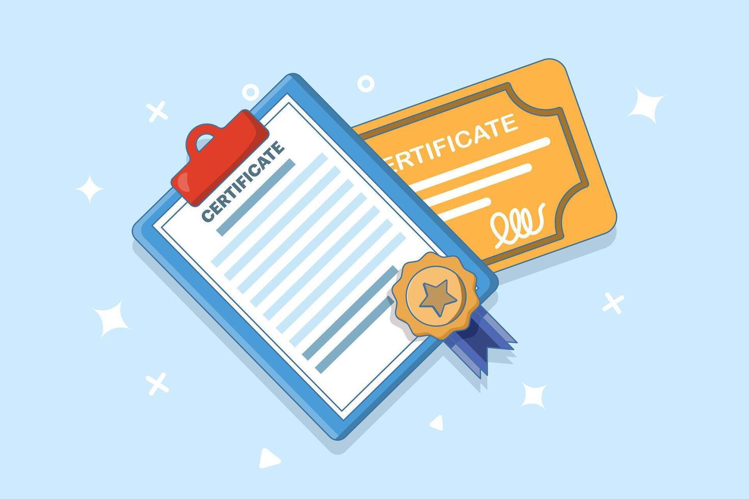 document concept with license, certificate and medal. Achievement icon. Award icon. Diploma, certificate or diploma icon with background. completing education or learning. flat illustration. vector