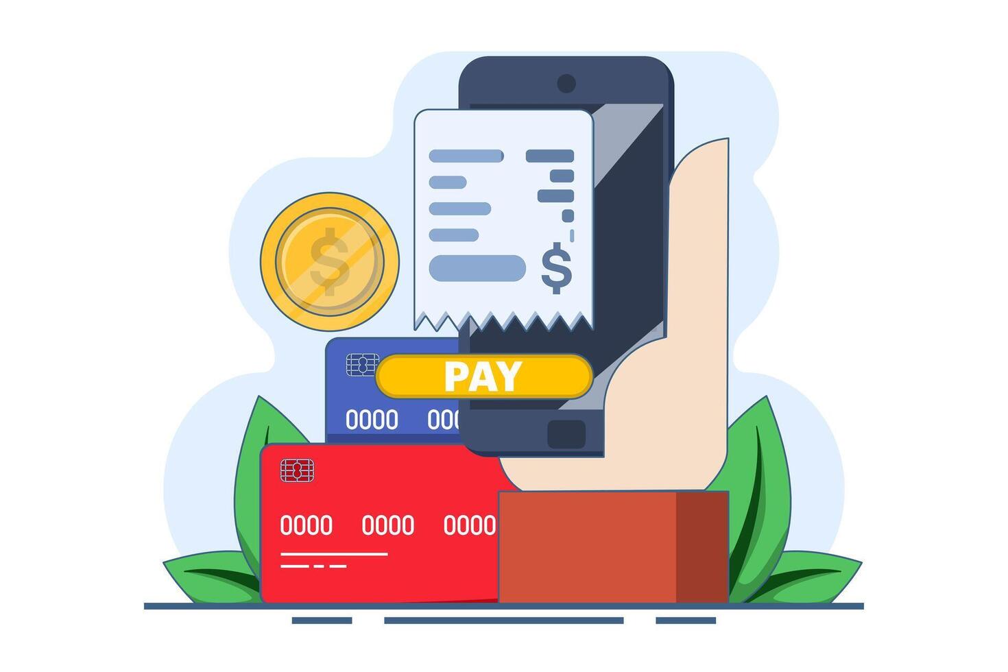 Concept of electronic or non-cash payments, mobile banking, online bill payments. Online payments and digital billing. Billing, invoicing, Banking applications and debit card payments. Flat . vector
