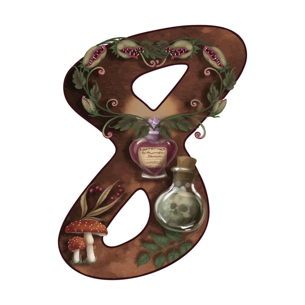 Number eight Halloween illustration with potion and plant in cartoon style. Hand drawn dark brown digit 8. Isolated drawing perfect for autumn font graphic and spooky season card designs. vector