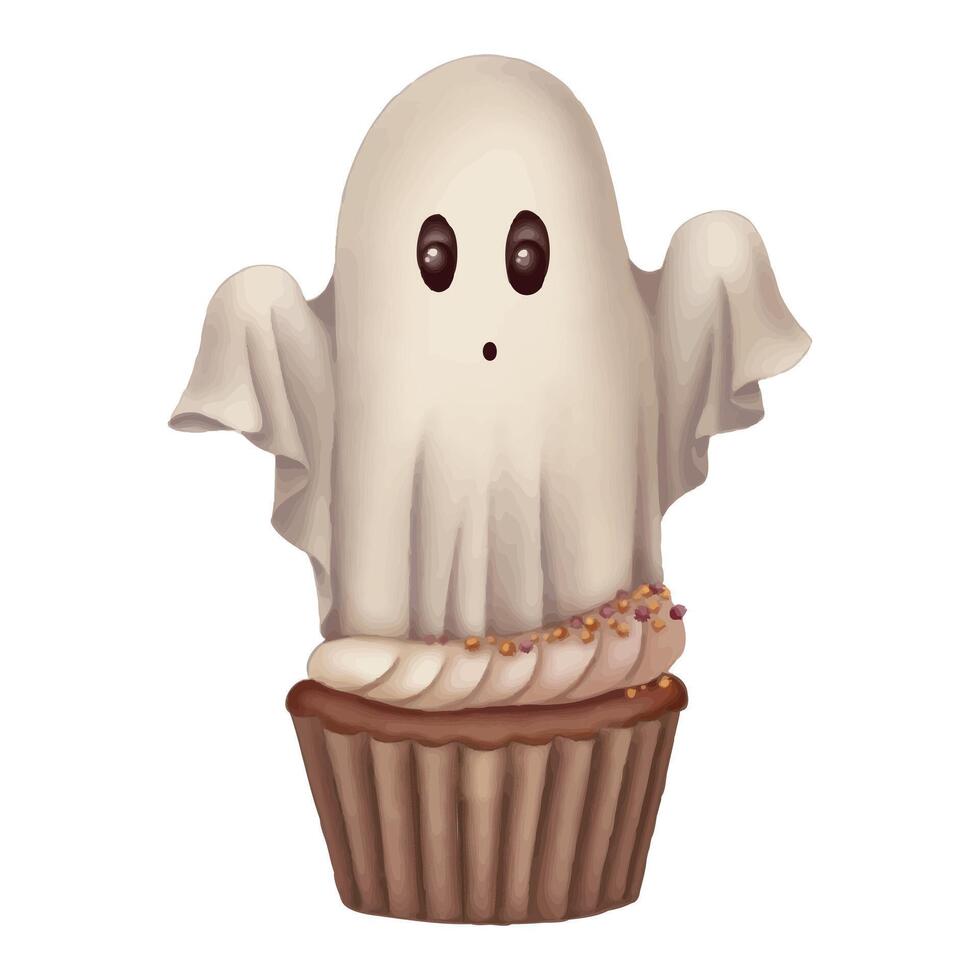 Ghost cupcake creamy Halloween dessert in cartoon style. Hand drawn trick-or-treat sweets illustration. Isolated drawing perfect for autumn party graphic and spooky season card designs. vector