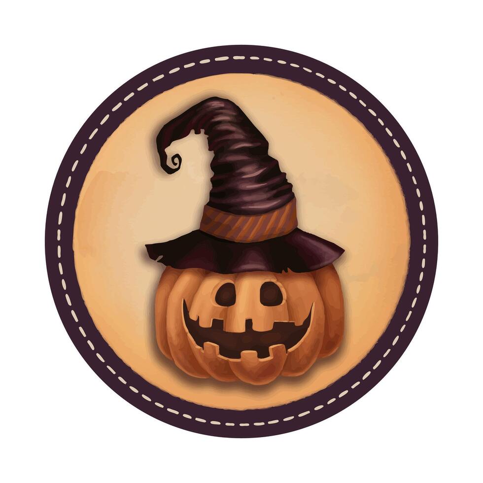 Round Halloween gift tag with happy Jack O Lantern in cartoon style. Hand drawn orange and purple printable sticker. Isolated drawing perfect for autumn graphic and spooky season card designs. vector