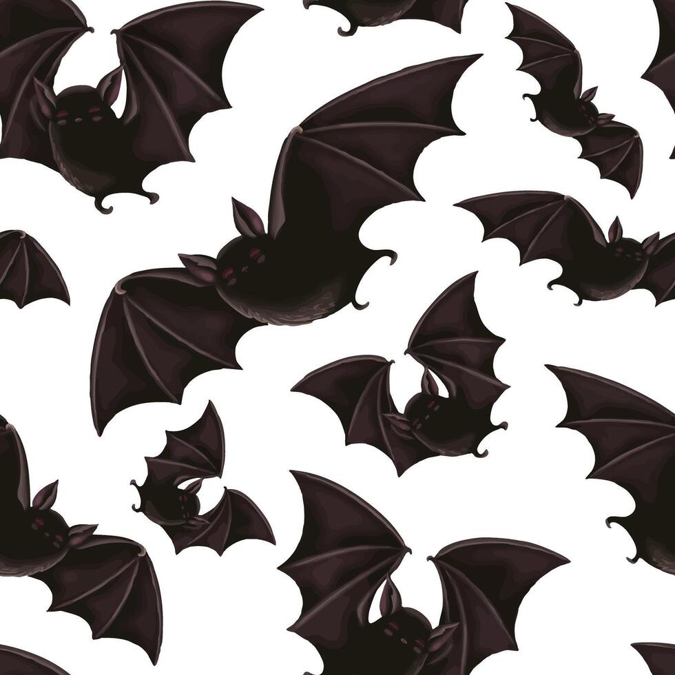 Halloween Seamless pattern with flying black bat in cartoon style. Hand drawn endless dark holiday background design. Dark mystical texture surface for autumn graphic and spooky season cards. vector