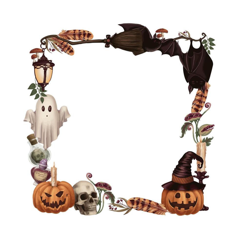 Halloween square wreath with cute ghost and other scary characters in cartoon style. Hand drawn dark mystical frame. Isolated drawing perfect for autumn graphic and spooky season card designs. vector