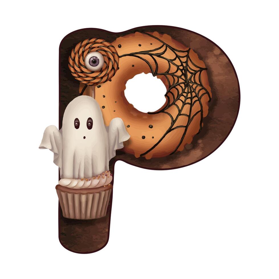 Letter P Halloween sweets illustration with trick or treat in cartoon style. Hand drawn dark brown alphabet. Isolated drawing perfect for autumn font graphic and spooky season card designs. vector