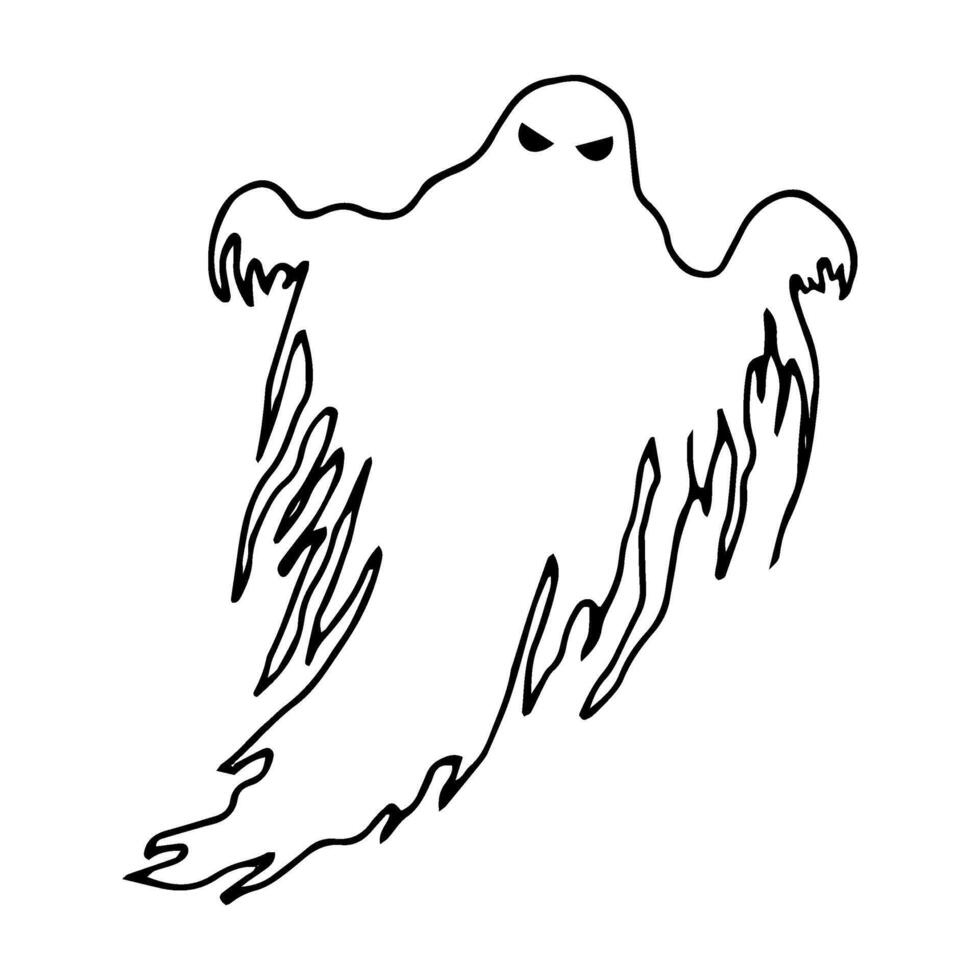 Scary ghost silhouette. Halloween graphic illustration. Hand drawn isolated line figure. Monochrome creepy clipart for horror holiday design. Night magic creature. Clipart in simple doodle style vector