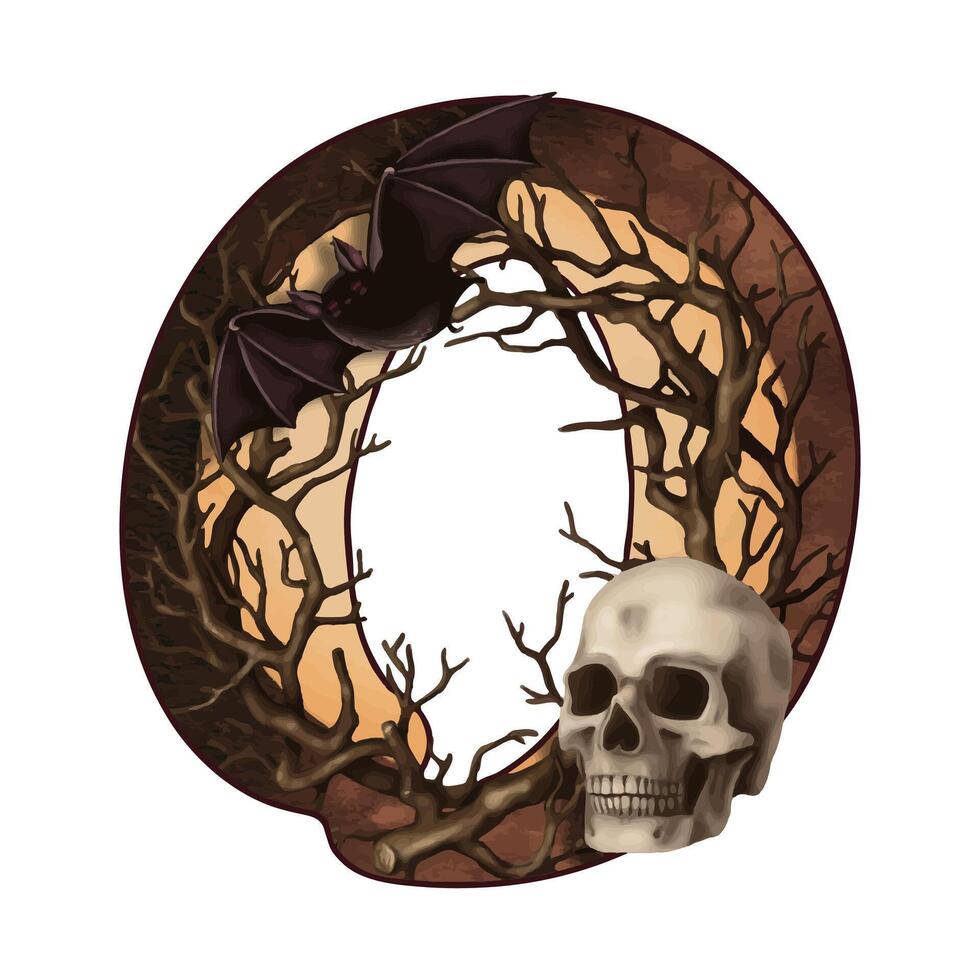 Letter O Halloween doodle illustration with skull and branch in cartoon style. Hand drawn dark brown alphabet. Isolated drawing perfect for autumn font graphic and spooky season card designs. vector