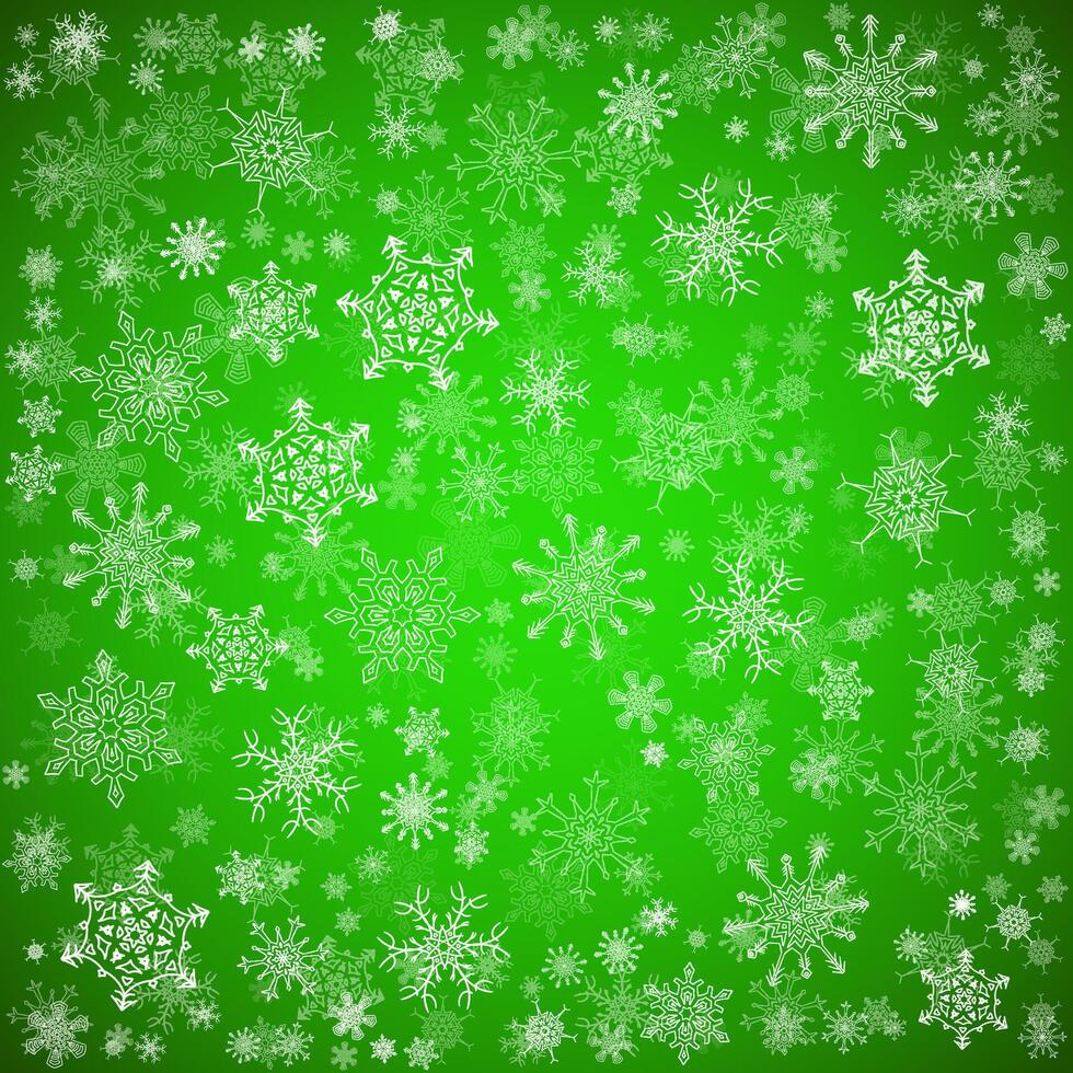 Green Christmas background with different snowflakes vector
