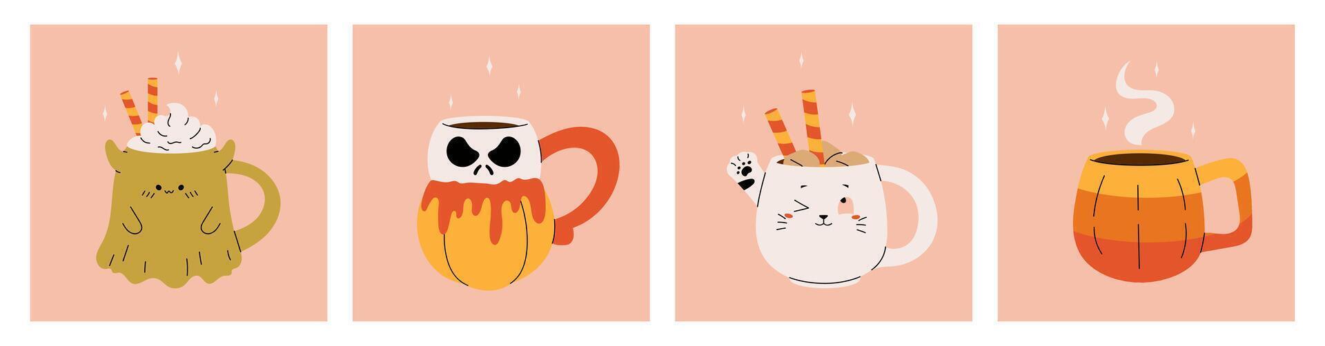 collection of cute Halloween mugs. Hot cocoa with marshmallows, coffee and tea cups with cat, skull, candy. Flat cartoon illustration on pink background. stock illustration vector
