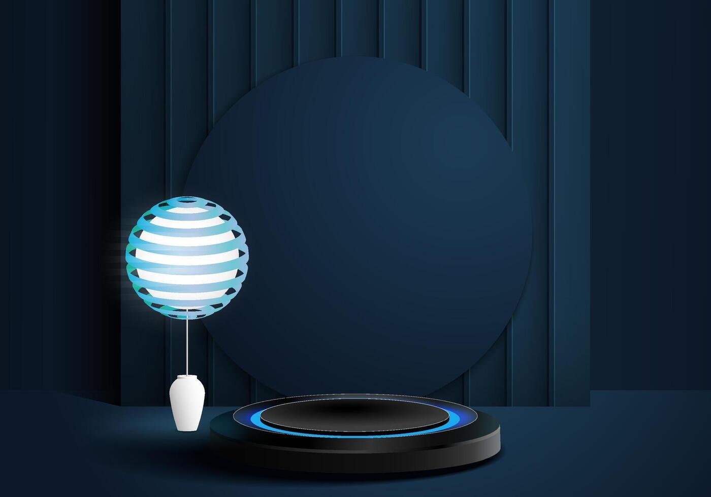 Black cylinder with neon blue light beside a table lamp behind a dark blue background with natural shadows. Perfect three dimensional illustration for present your product.. vector