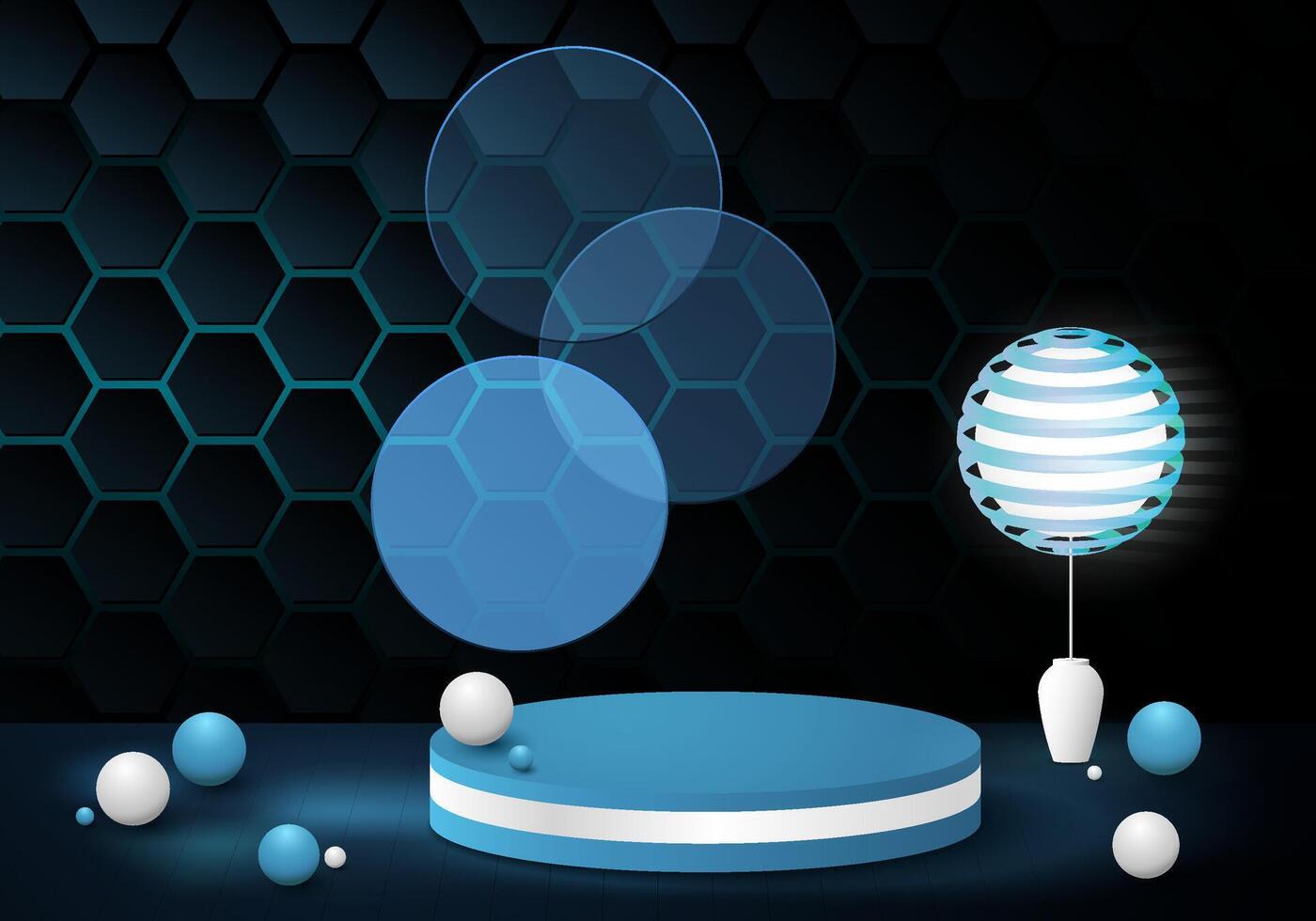 Blue cylinder on a dark blue background with hexagon pattern with natural shadows. Perfect three dimensional illustration for showing your products. vector