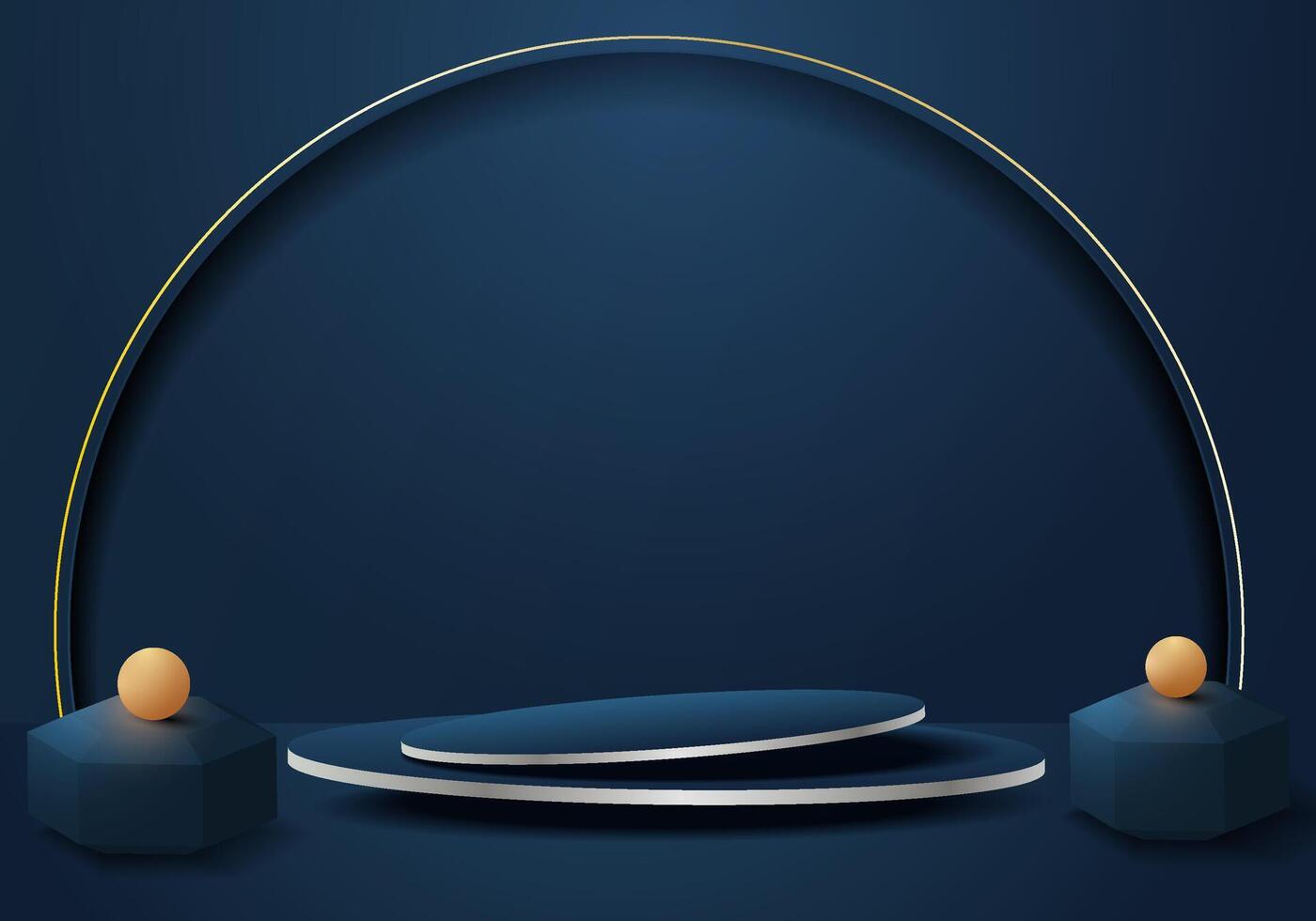 Podium design on a dark blue background with natural shadows. three dimensional illustration for showing your products. vector