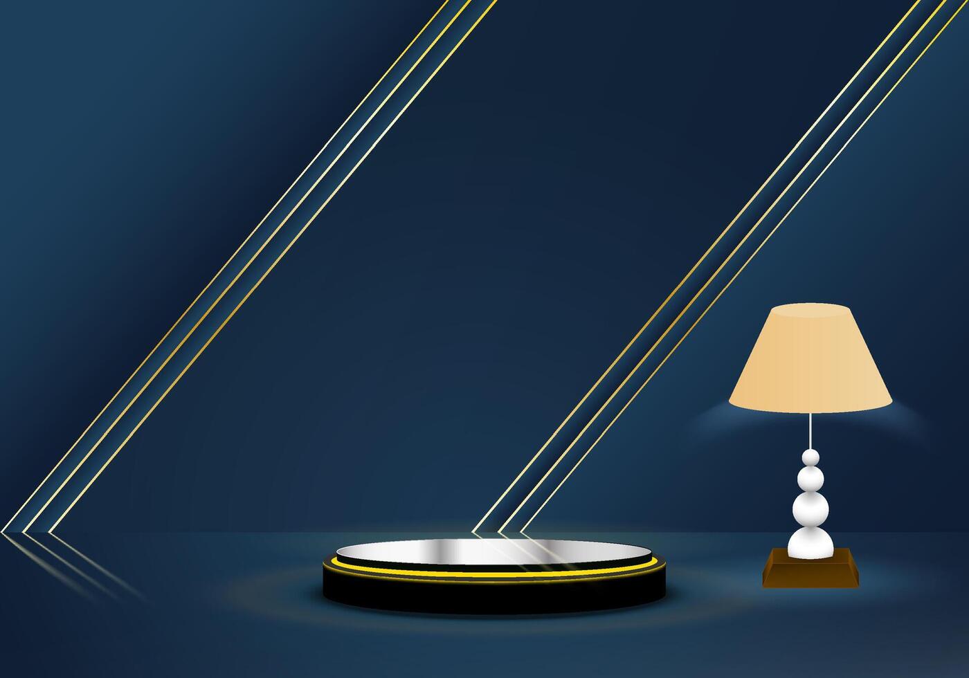 Golden color cylinder near a table lamp on a dark blue background . Perfect three dimensional illustration for showing your products. vector