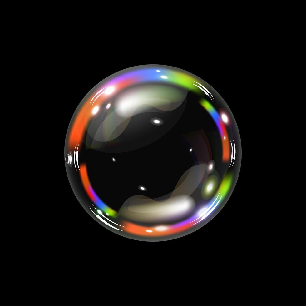 Soap bubble color spectrum on a black background. Realistic air bubble 3D graphics glare and transparency effect. illustration vector