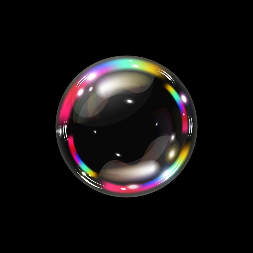 Soap bubble color spectrum on a black background. Realistic air bubble 3D graphics glare and transparency effect. illustration vector