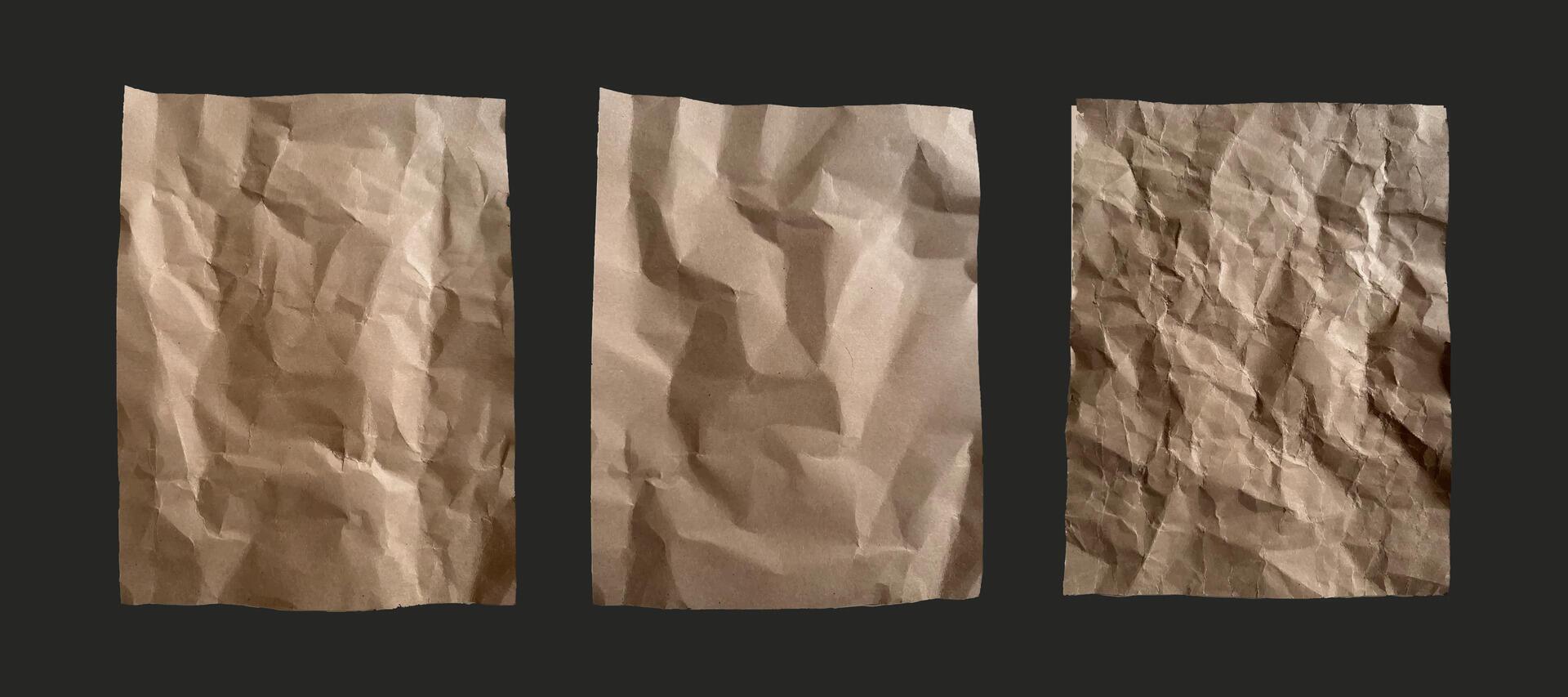 Crumpled kraft cardboard paper, Set beige vintage paper torn antique page. Parchment paper vector