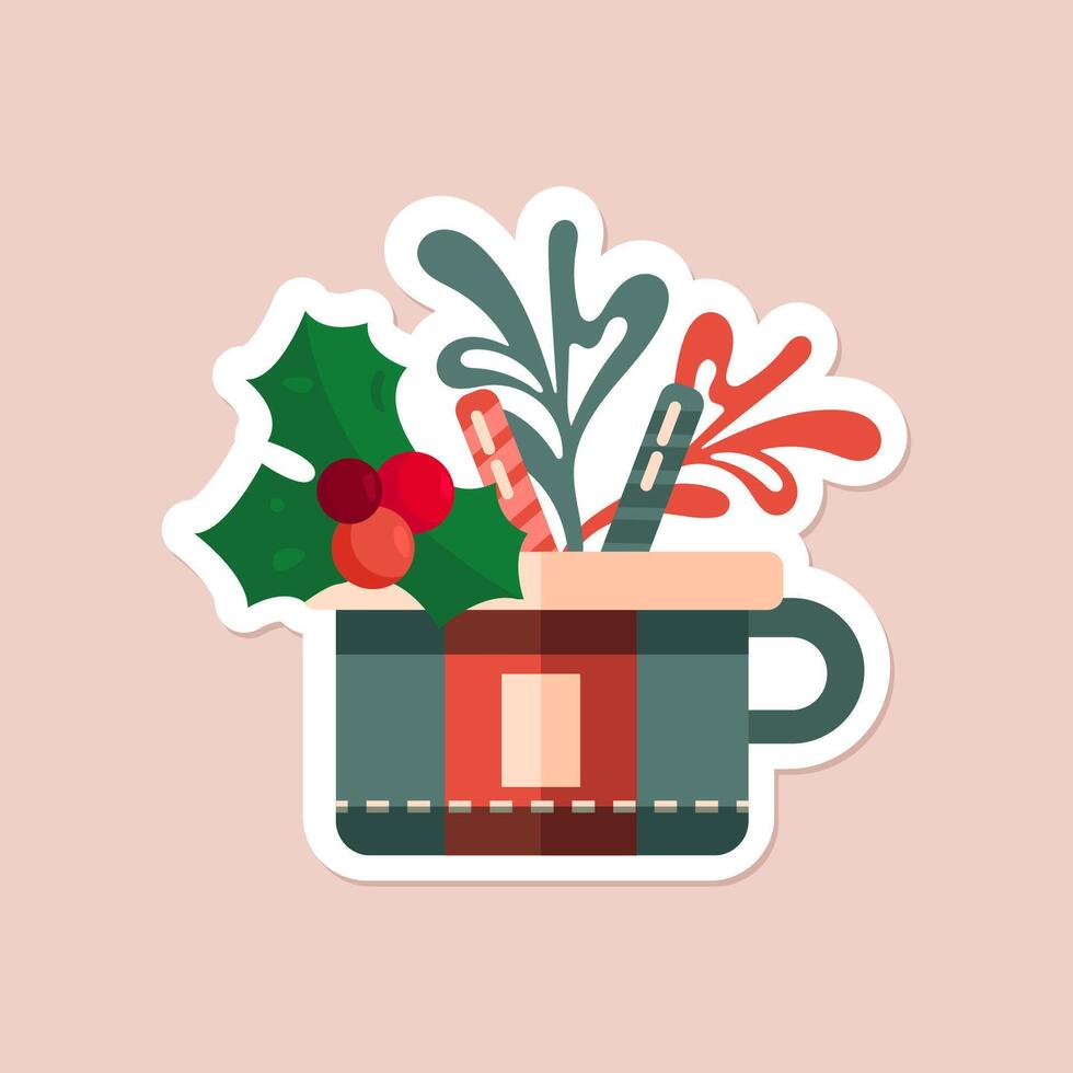 one isolated flat green and orange Christmas cup on beige background. christmas simple flat art vector