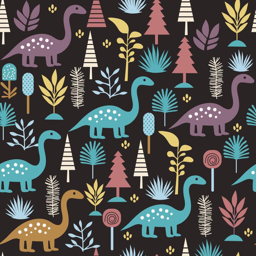 denosaurs against a background of colored plants vector