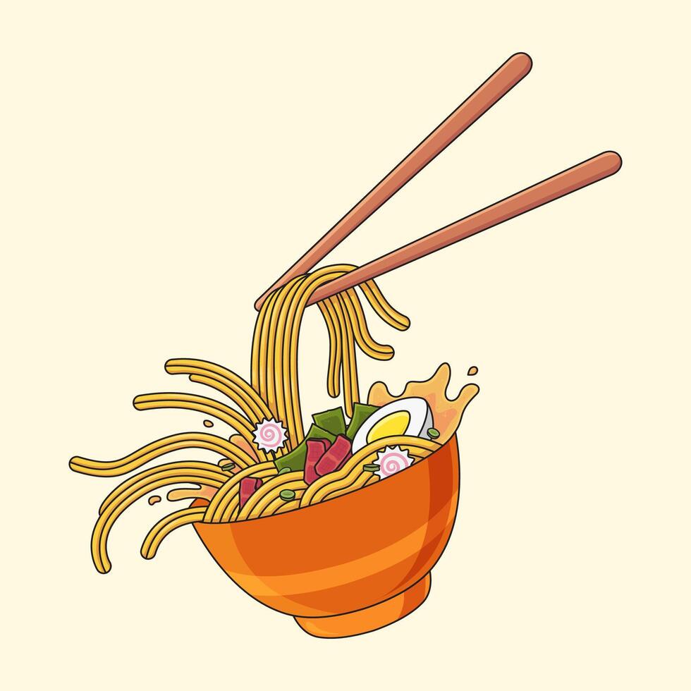Illustration Of Ramen Noodles Complete With Meat, Eggs, Kamaboko, Seaweed And Chopsticks vector