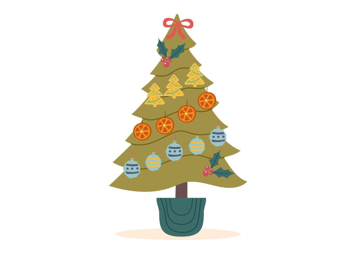 Decorated Christmas tree isolated on white background. Sustainable Christmas concept. Christmas ornaments. vector