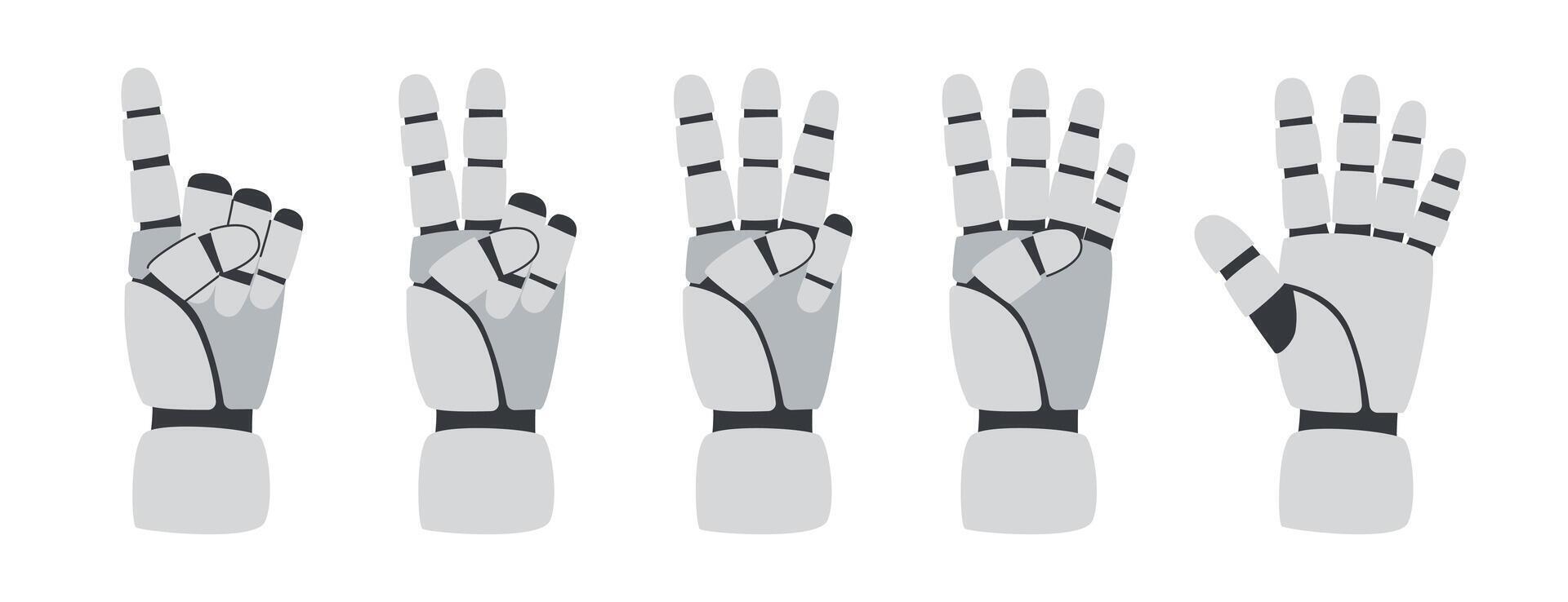 Technology concept. AI concept. Set of robots hands isolated on white background. Robots hands showing fingers. vector