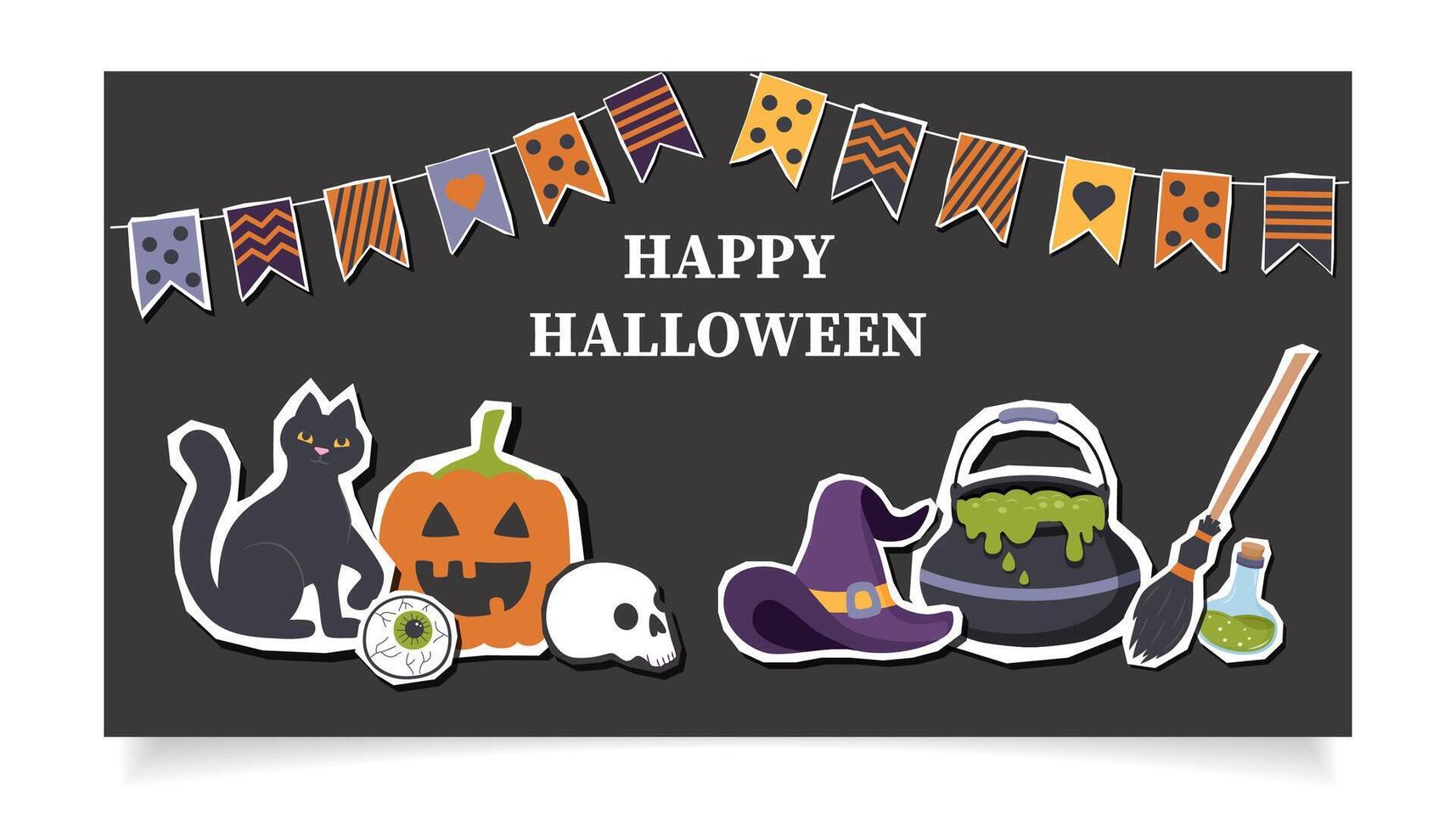 Halloween cute black banner with Halloween elements stickers. Halloween background. Halloween concept. Witch potion. vector