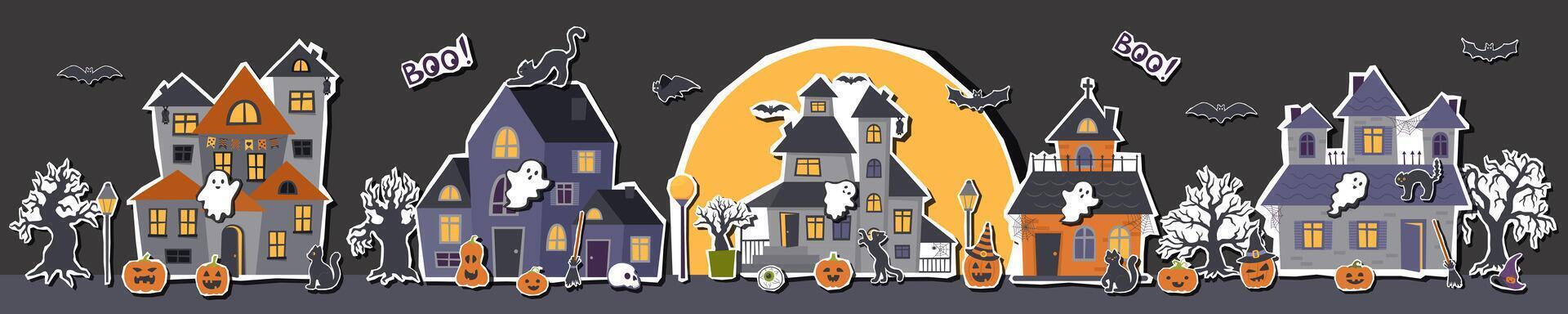 Halloween creepy cute black banner with Halloween houses. Halloween background with elements stickers. Halloween village. vector