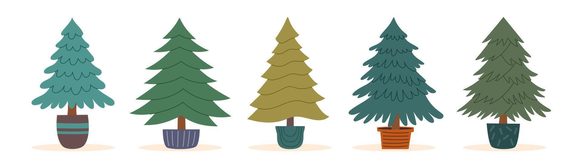 Set of potted Christmas trees isolated on white background. Sustainable Christmas concept. vector