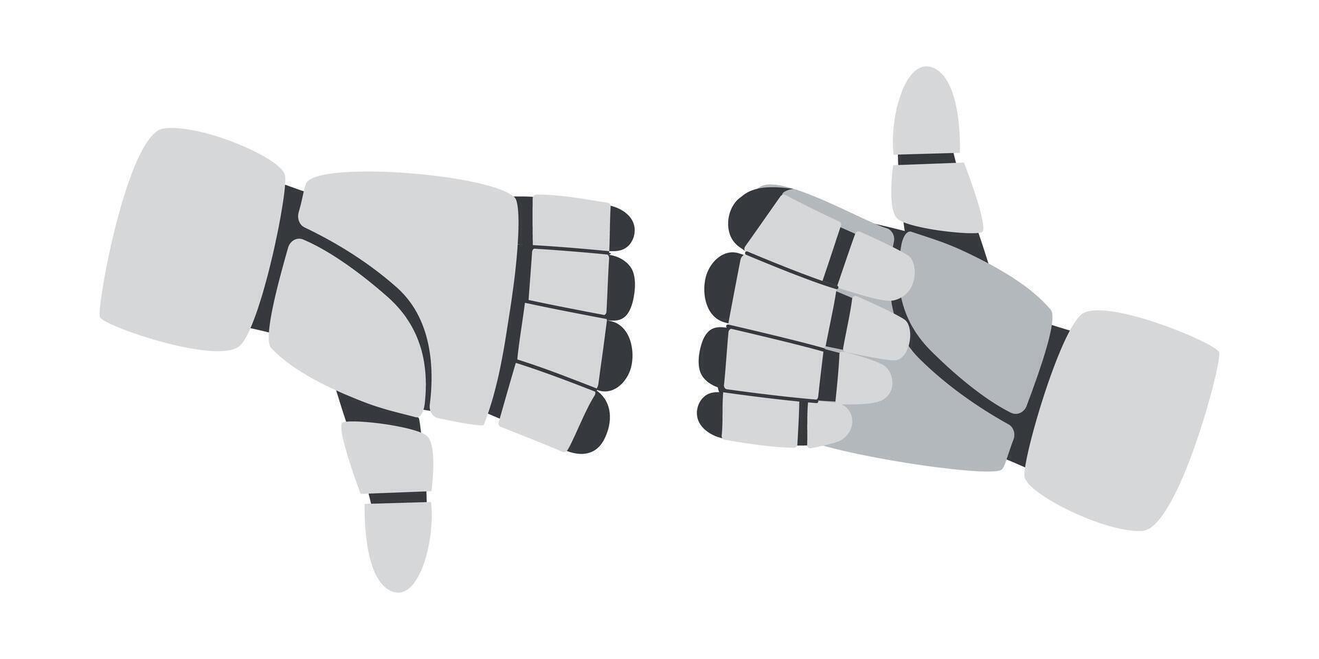 Technology concept. AI concept. Robots hands gesture showing thumb up and down isolated on white background. Sing like and dislike. vector