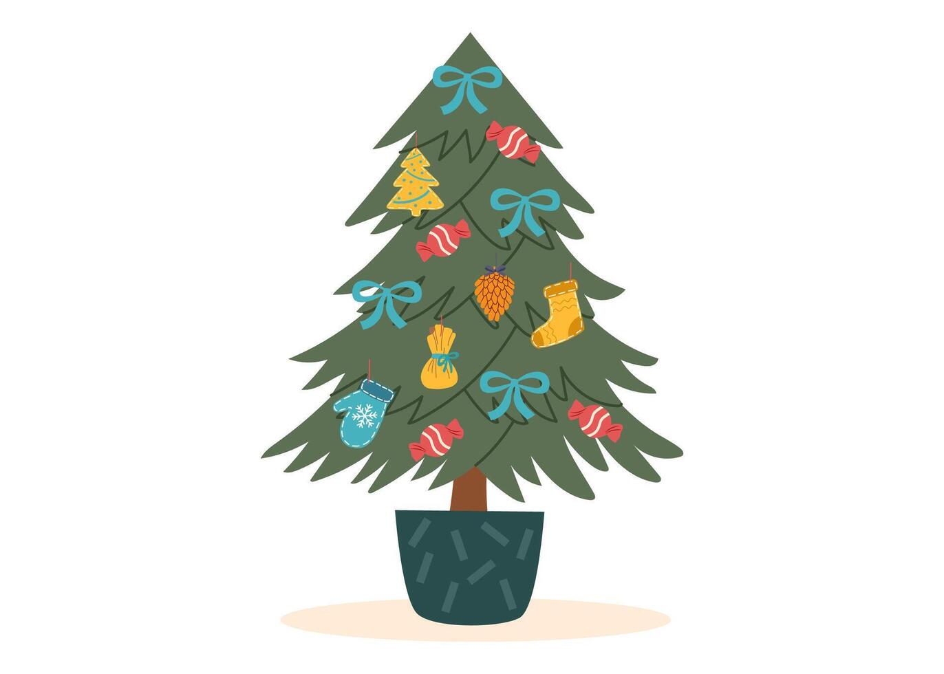Decorated Christmas tree isolated on white background. Sustainable Christmas concept. Christmas ornaments. vector