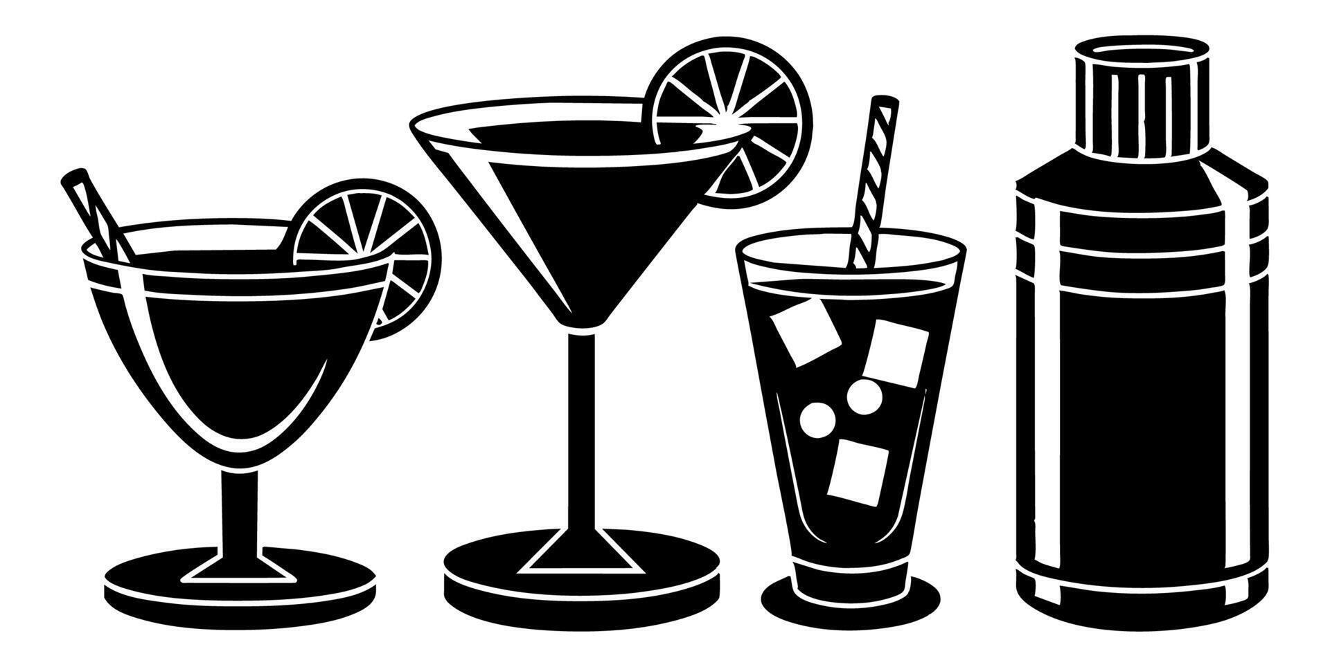 Silhouette of four drinks and a shaker in black and white vector