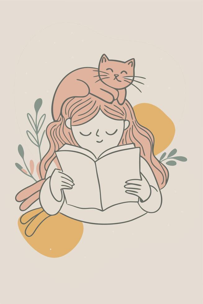 A girl is sitting with a cat on her head, reading a book vector