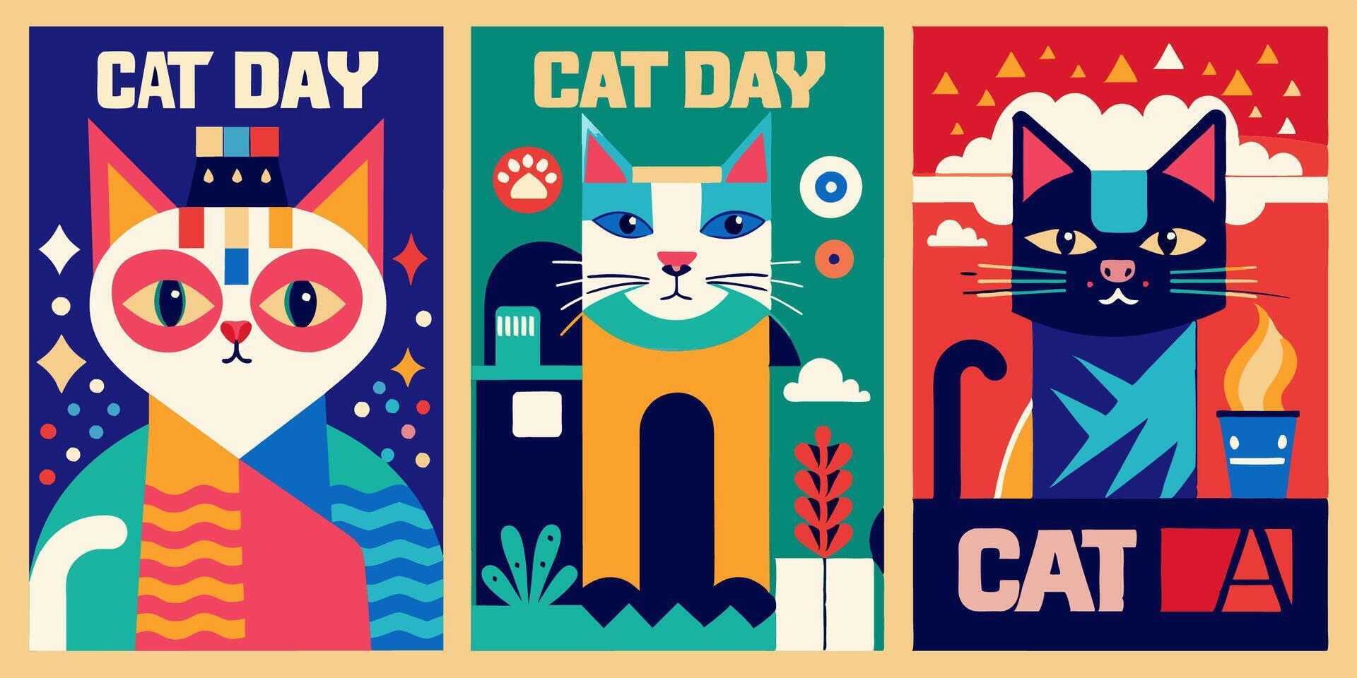 A set of three vibrant posters celebrating cat day vector