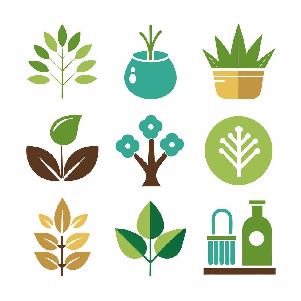A collection of plant and leaf symbols displayed against a white backdrop vector