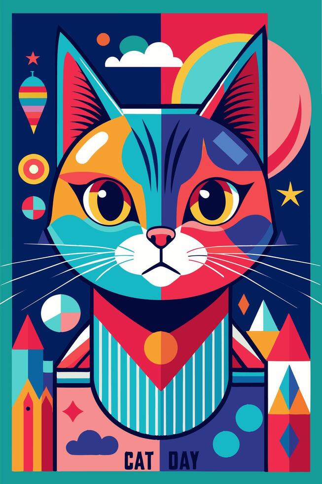 A vibrant depiction of a cat set against a blue backdrop vector
