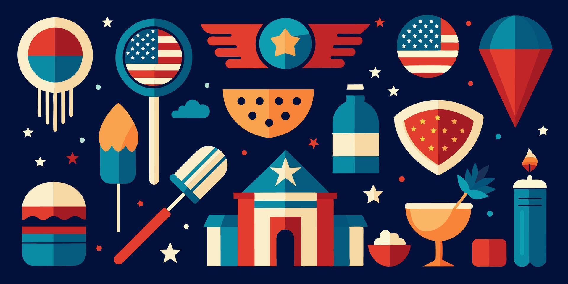 A collection of Fourth of July icons against a dark blue backdrop vector